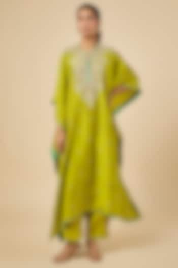 Chutney Green Dupion Silk Hand Embroidered Kaftan Set by Anushree Reddy at Pernia's Pop Up Shop