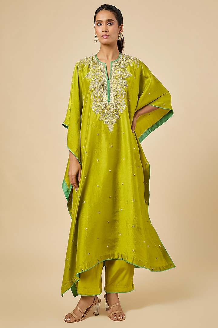 Chutney Green Dupion Silk Hand Embroidered Kaftan Set by Anushree Reddy at Pernia's Pop Up Shop