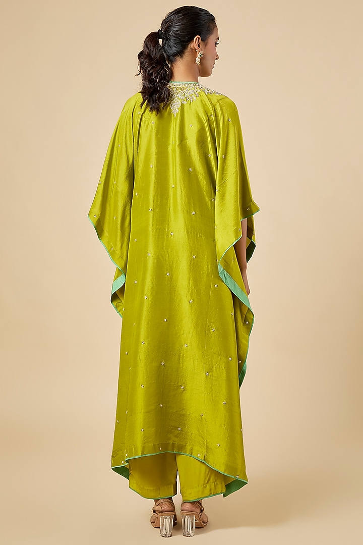 Chutney Green Dupion Silk Hand Embroidered Kaftan Set by Anushree Reddy at Pernia's Pop Up Shop