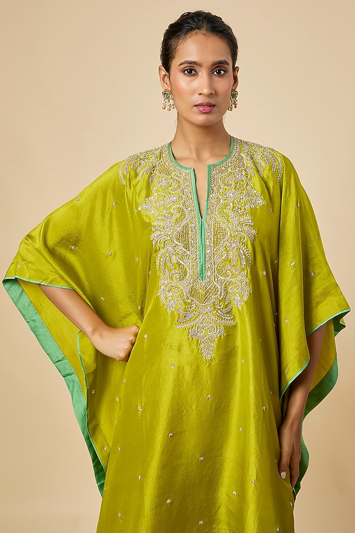 Chutney Green Dupion Silk Hand Embroidered Kaftan Set by Anushree Reddy at Pernia's Pop Up Shop