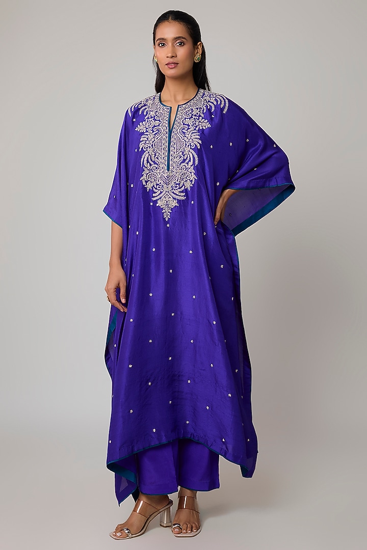 Ink Blue Dupion Silk Hand Embroidered Kaftan Set by Anushree Reddy at Pernia's Pop Up Shop