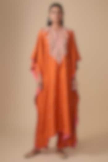 Orange Dupion Silk Hand Embroidered Kaftan Set by Anushree Reddy at Pernia's Pop Up Shop