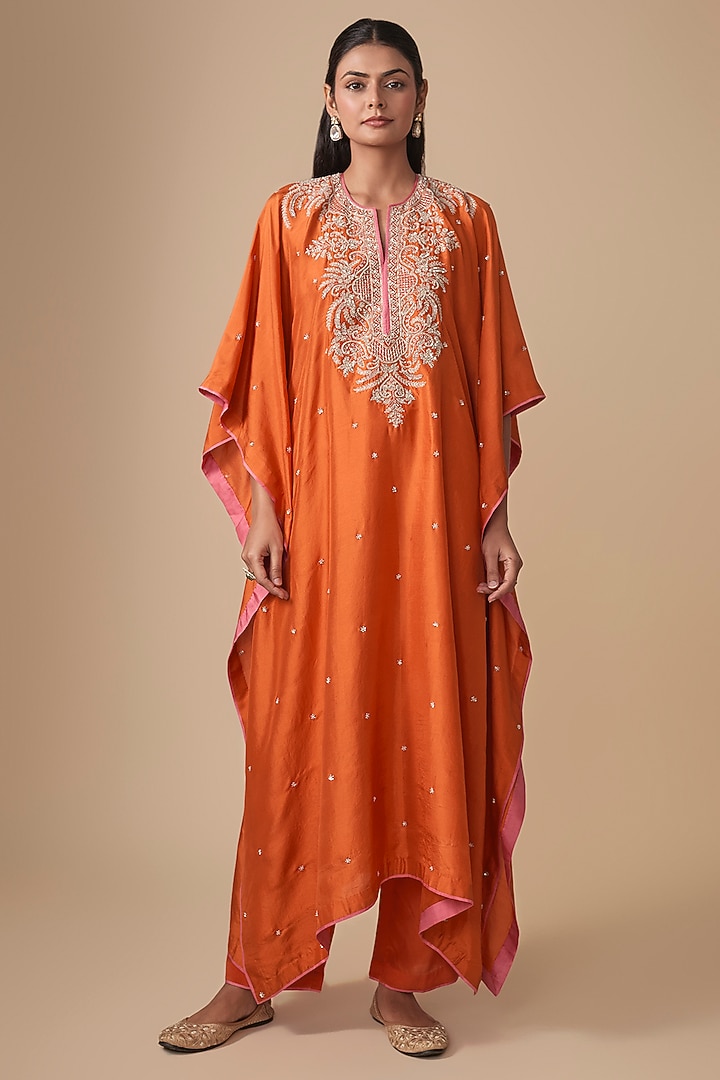 Orange Dupion Silk Hand Embroidered Kaftan Set by Anushree Reddy at Pernia's Pop Up Shop