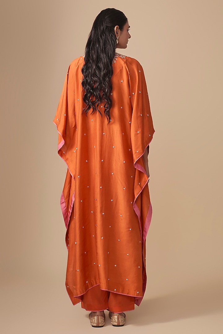 Orange Dupion Silk Hand Embroidered Kaftan Set by Anushree Reddy at Pernia's Pop Up Shop