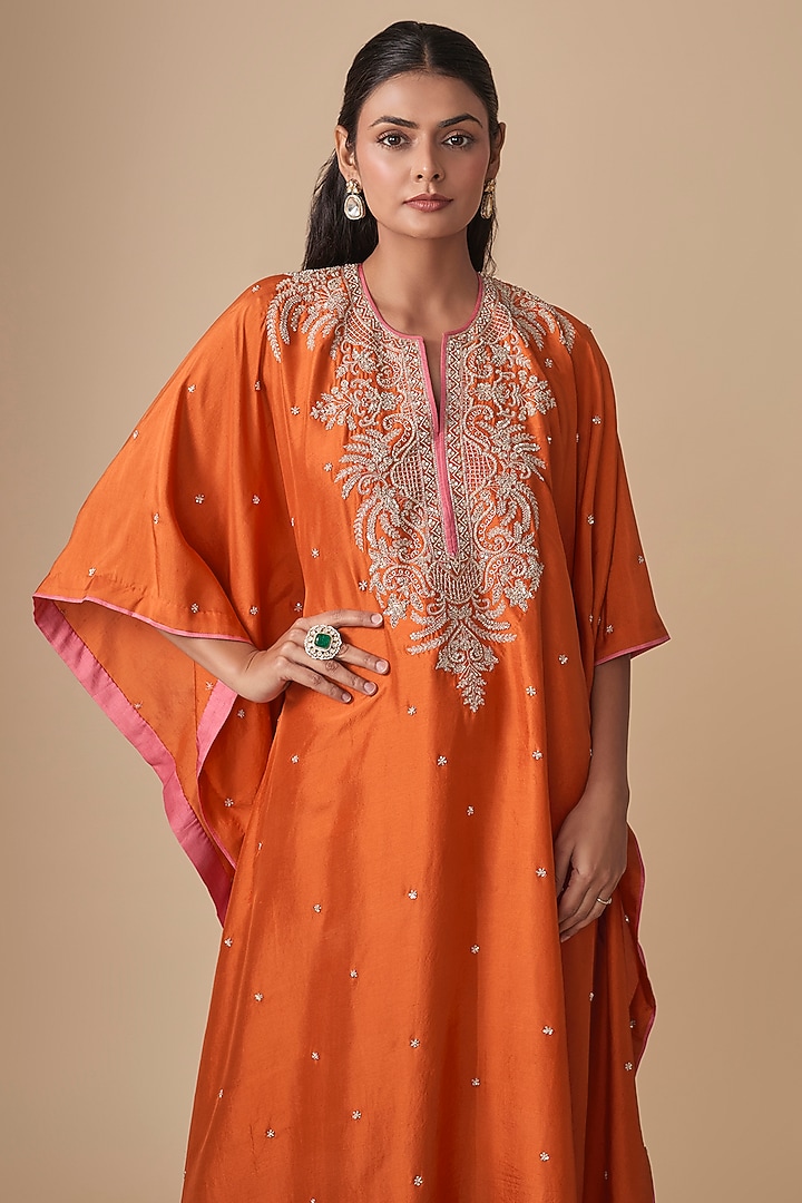 Orange Dupion Silk Hand Embroidered Kaftan Set by Anushree Reddy at Pernia's Pop Up Shop