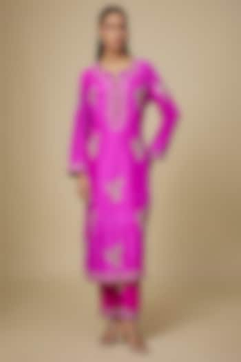 Hot Pink Dupion Silk Hand Embroidered Kurta Set by Anushree Reddy at Pernia's Pop Up Shop