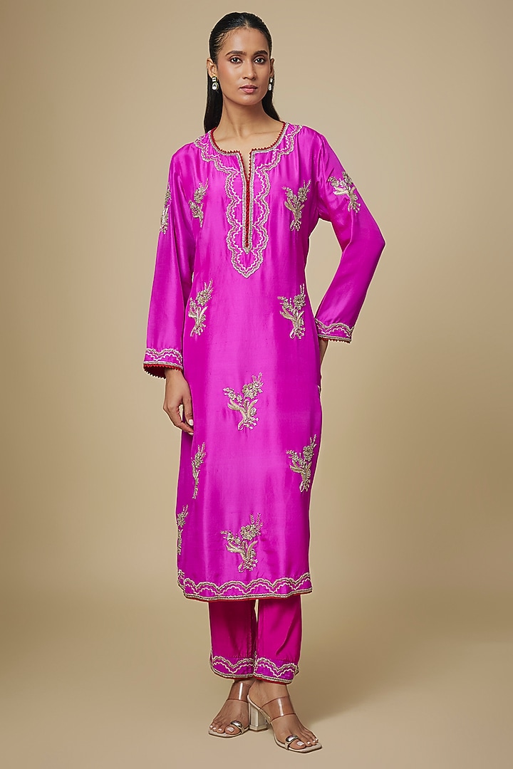 Hot Pink Dupion Silk Hand Embroidered Kurta Set by Anushree Reddy at Pernia's Pop Up Shop