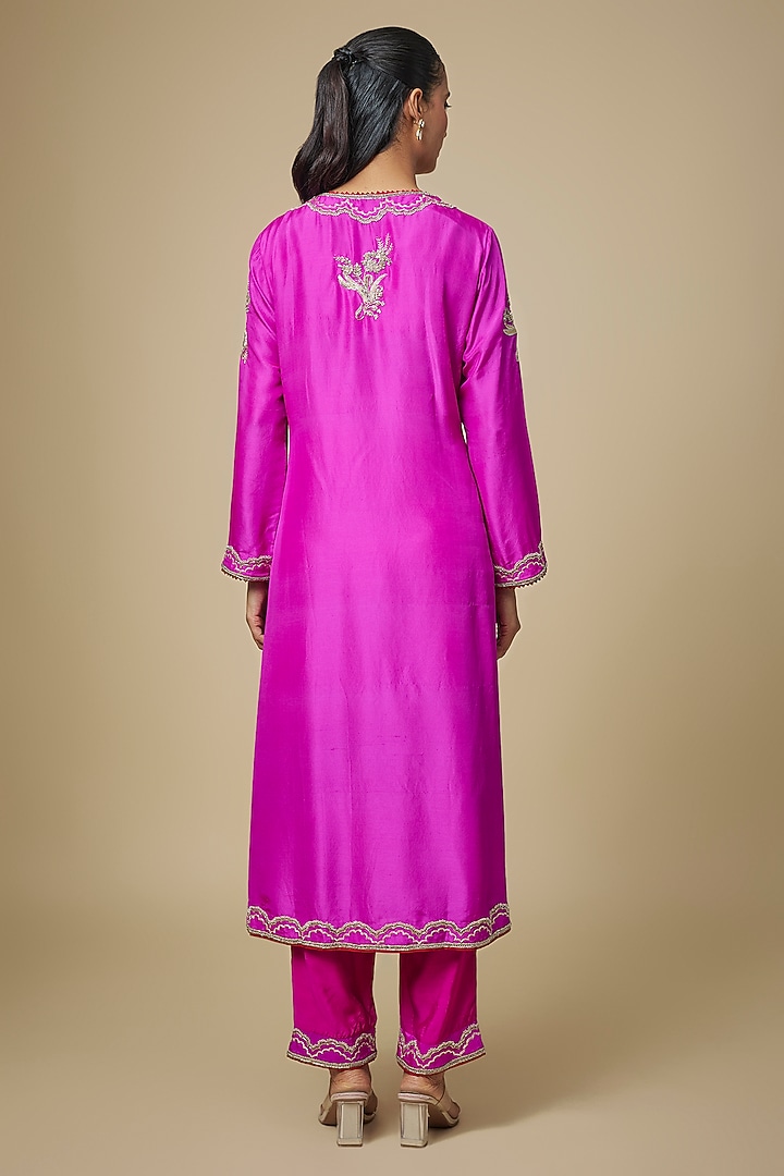 Hot Pink Dupion Silk Hand Embroidered Kurta Set by Anushree Reddy at Pernia's Pop Up Shop