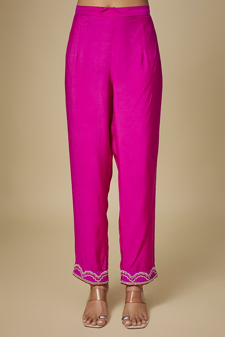 Hot Pink Dupion Silk Hand Embroidered Kurta Set by Anushree Reddy at Pernia's Pop Up Shop
