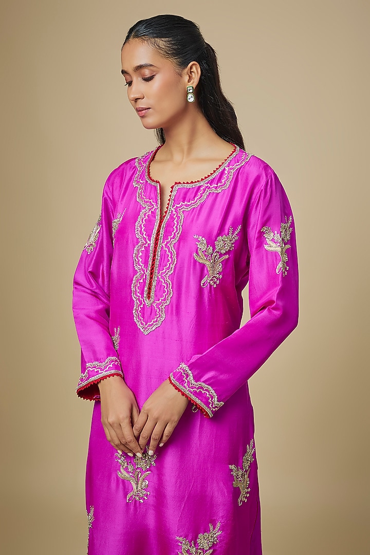 Hot Pink Dupion Silk Hand Embroidered Kurta Set by Anushree Reddy at Pernia's Pop Up Shop