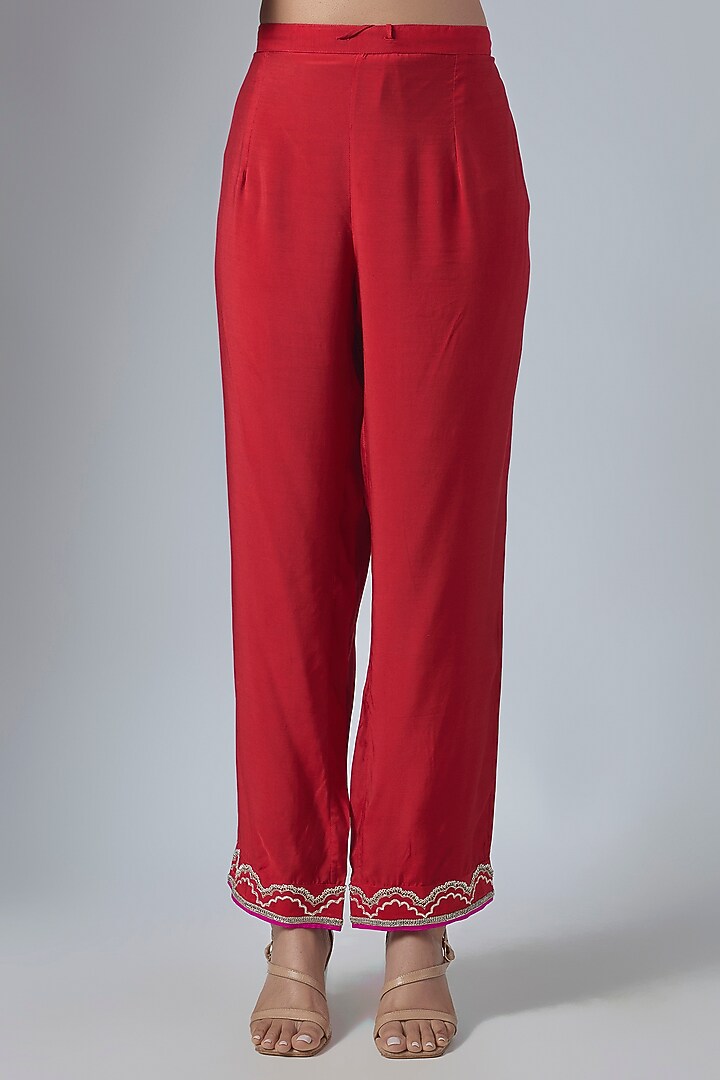 Red Dupion Silk Hand Embroidered Kurta Set by Anushree Reddy at Pernia's Pop Up Shop