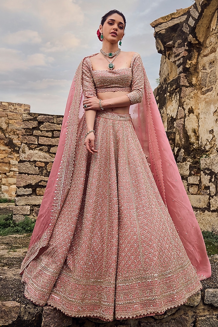 Pinkish Peach Raw Silk Bridal Lehenga Set by Anushree Reddy at Pernia's Pop Up Shop