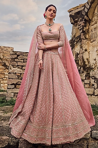 Pinkish Peach Raw Silk Lehenga Set by Anushree Reddy
