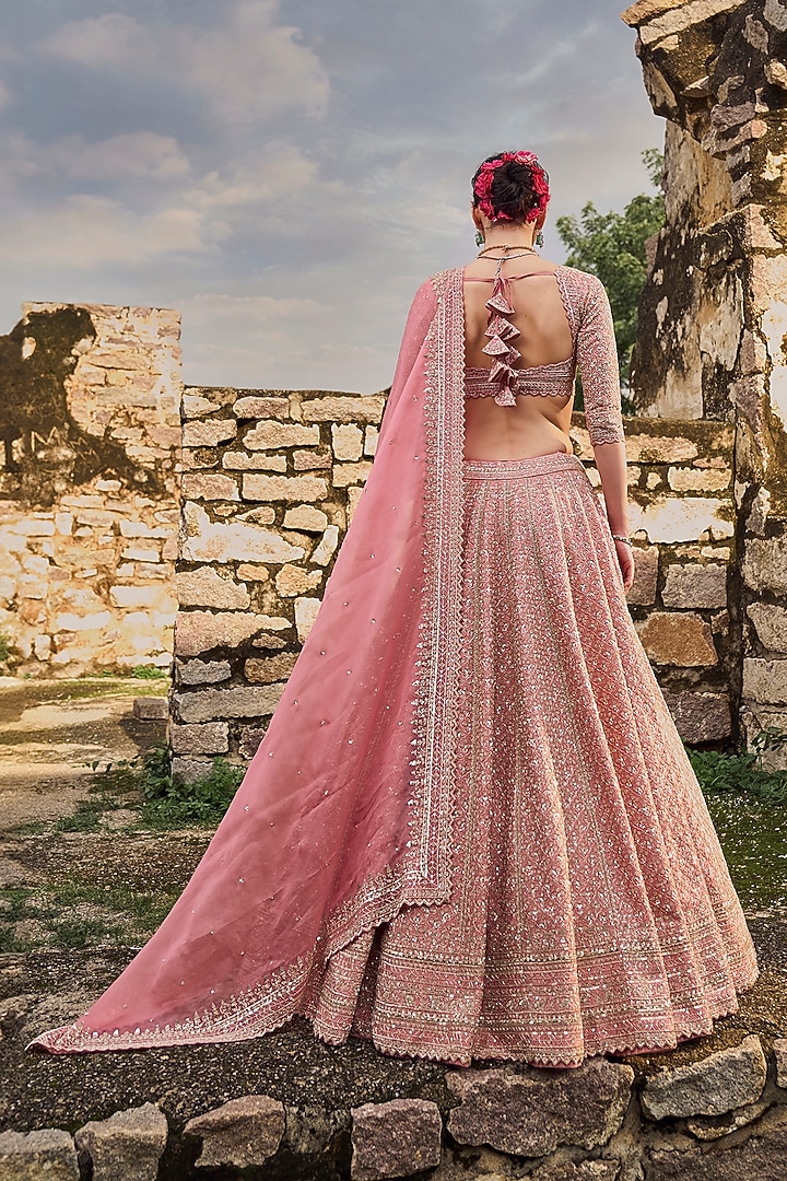 Pinkish Peach Raw Silk Bridal Lehenga Set by Anushree Reddy at Pernia's Pop Up Shop