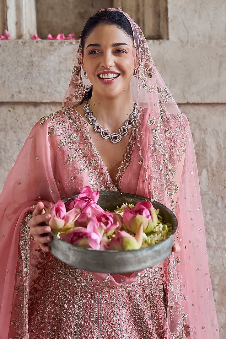Pink Raw Silk Bridal Lehenga Set by Anushree Reddy at Pernia's Pop Up Shop