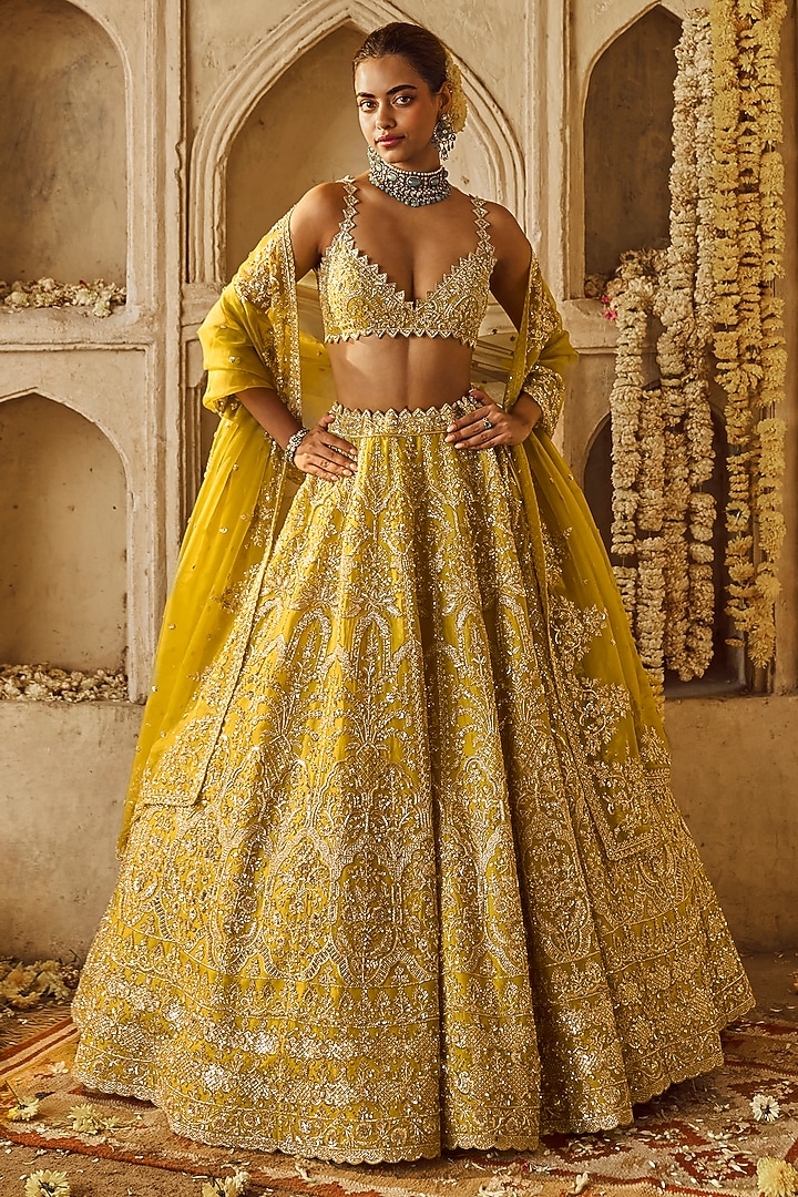 Yellowish Green Organza Bridal Lehenga Set by Anushree Reddy at Pernia's Pop Up Shop