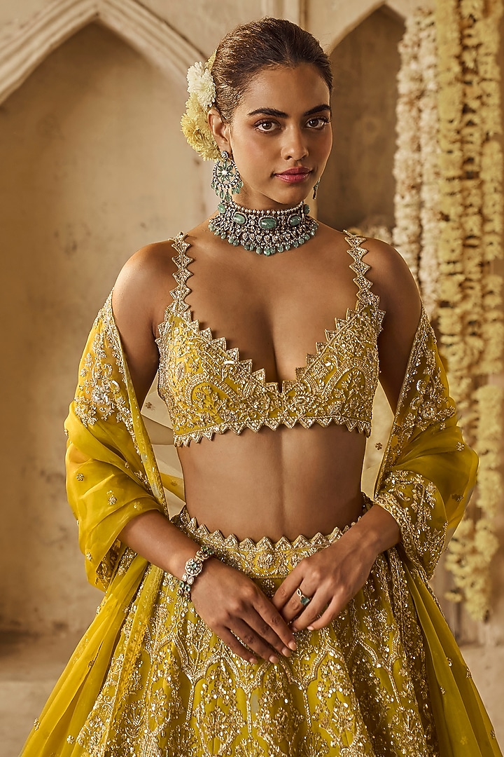 Yellowish Green Organza Bridal Lehenga Set by Anushree Reddy at Pernia's Pop Up Shop