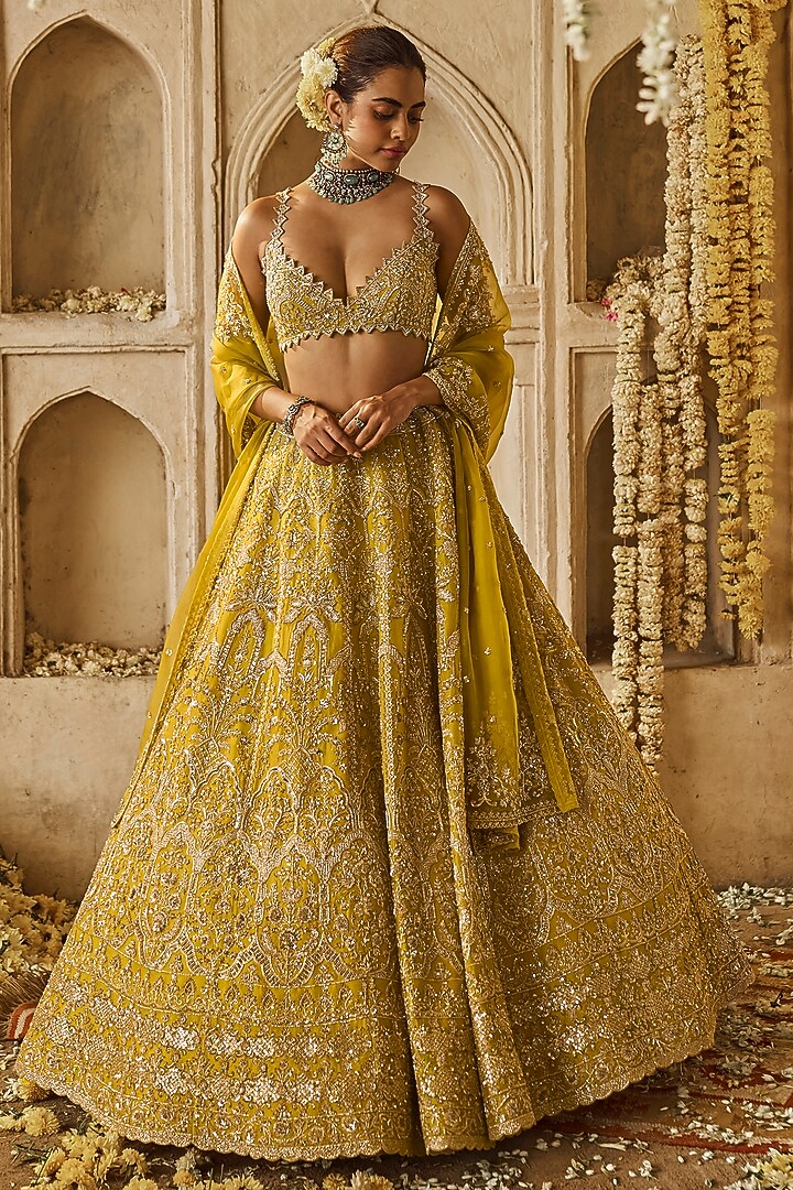 Yellowish Green Organza Bridal Lehenga Set by Anushree Reddy at Pernia's Pop Up Shop