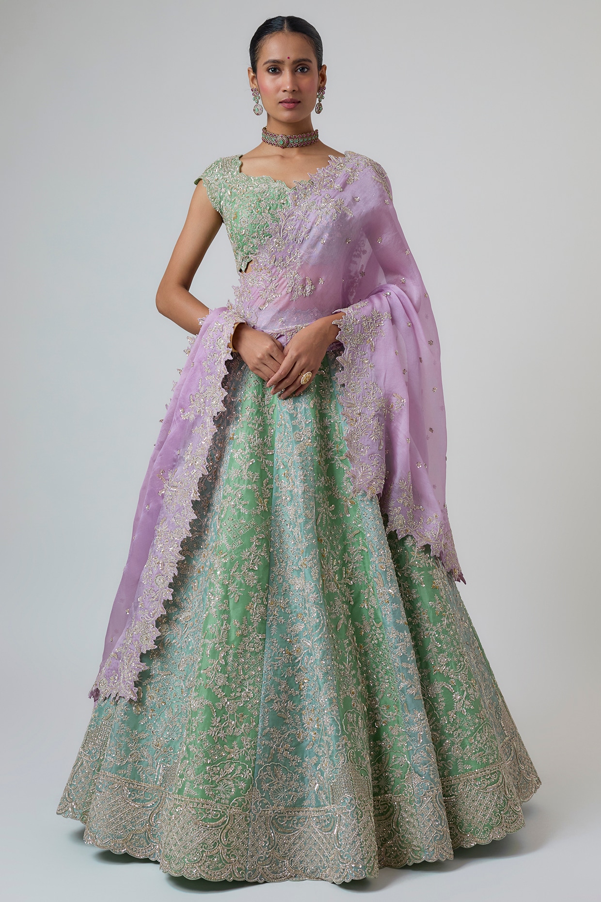 Anushree Reddy Blue & Green Organza Hand Embroidered Lehenga Set