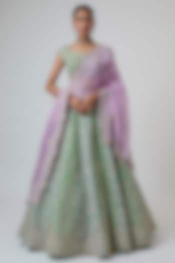 Blue & Green Organza Hand Embroidered Bridal Lehenga Set by Anushree Reddy at Pernia's Pop Up Shop