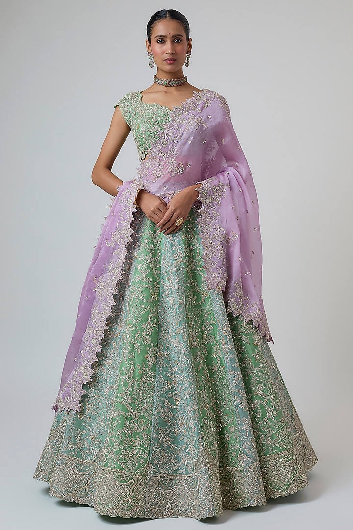 Blue & Green Organza Hand Embroidered Bridal Lehenga Set by Anushree Reddy at Pernia's Pop Up Shop