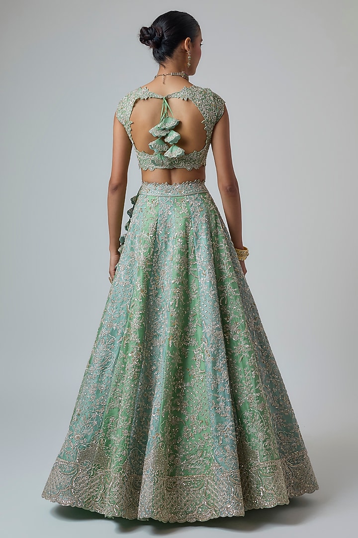 Blue & Green Organza Hand Embroidered Bridal Lehenga Set by Anushree Reddy at Pernia's Pop Up Shop