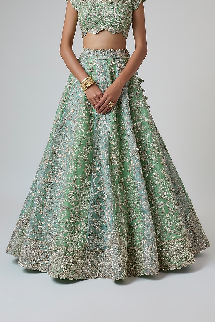 Blue & Green Organza Hand Embroidered Bridal Lehenga Set by Anushree Reddy at Pernia's Pop Up Shop