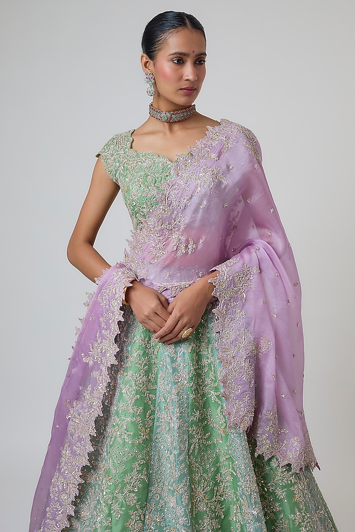 Blue & Green Organza Hand Embroidered Bridal Lehenga Set by Anushree Reddy at Pernia's Pop Up Shop
