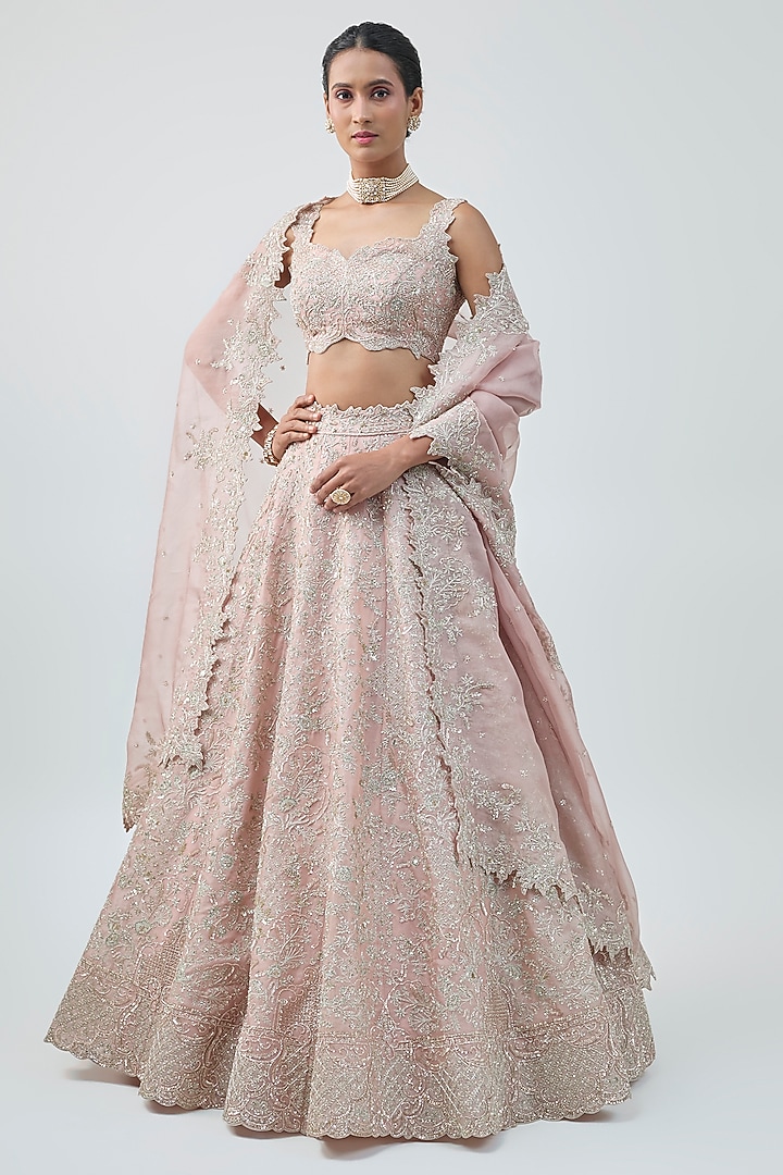 Champagne Pink Organza Embroidered Bridal Lehenga Set by Anushree Reddy at Pernia's Pop Up Shop