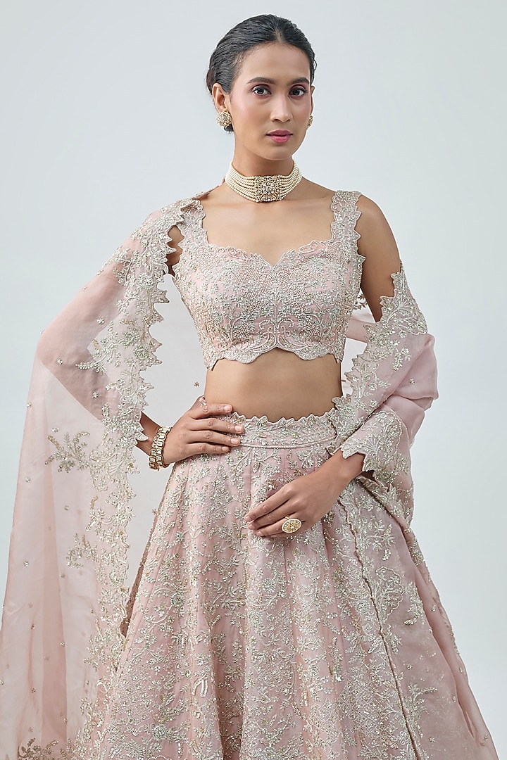Champagne Pink Organza Embroidered Bridal Lehenga Set by Anushree Reddy at Pernia's Pop Up Shop