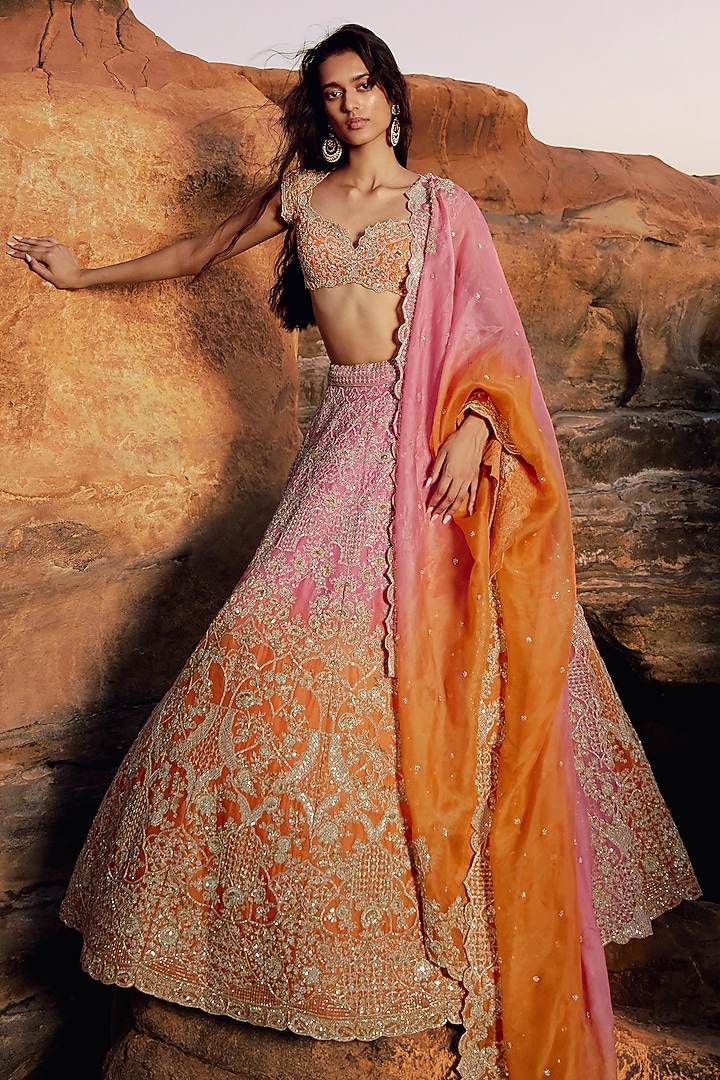 Pink & Orange Ombre Organza Embroidered Bridal Lehenga Set by Anushree Reddy at Pernia's Pop Up Shop