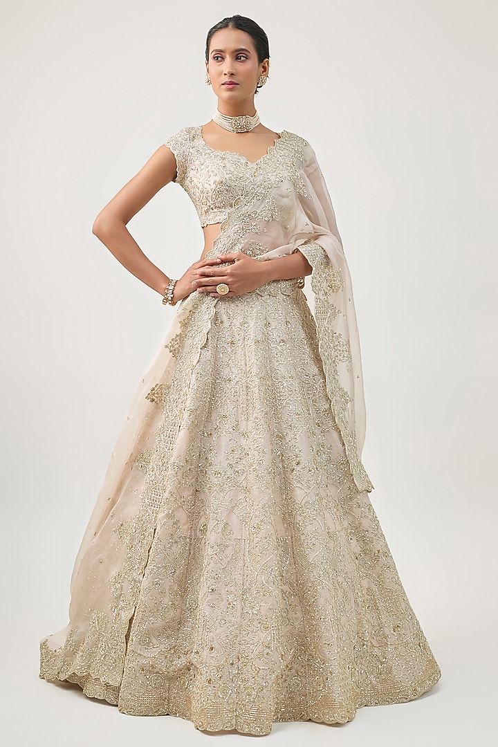 Ivory Organza Embroidered Bridal Lehenga Set by Anushree Reddy at Pernia's Pop Up Shop