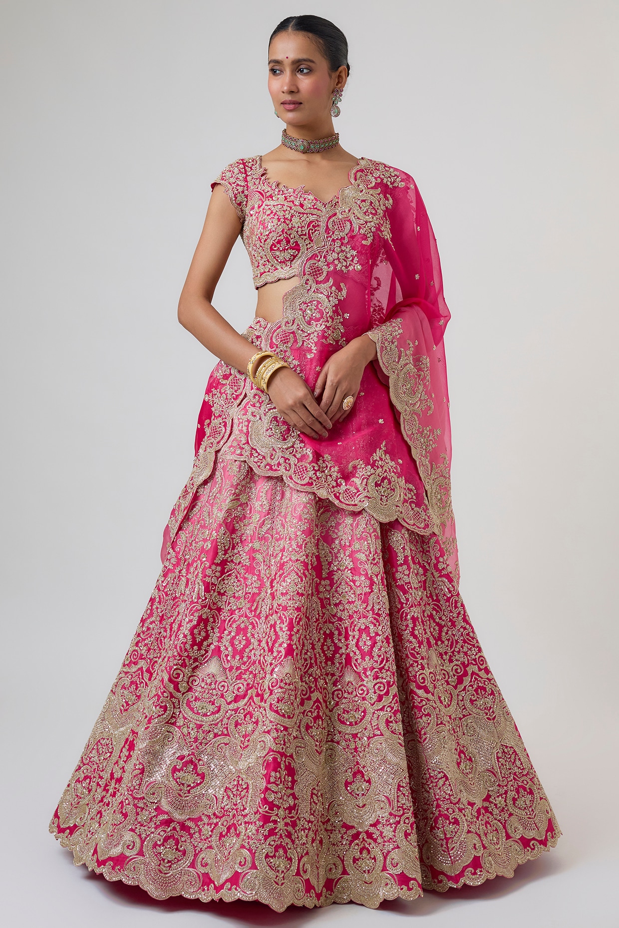 Anushree Reddy Hot Pink Ombre Organza Hand Embroidered Lehenga Set