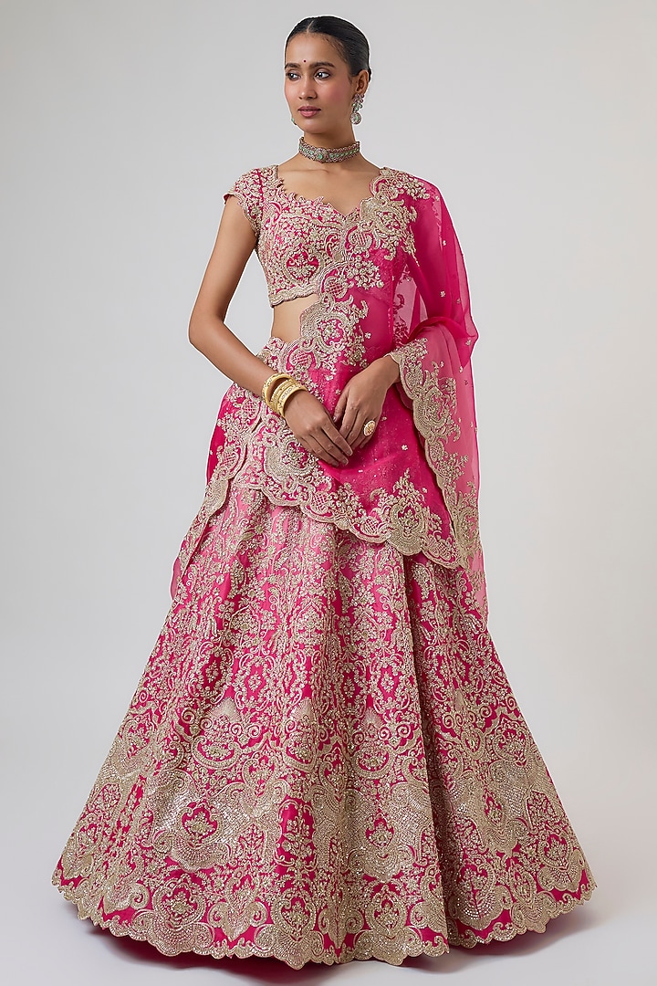 Hot Pink Ombre Organza Hand Embroidered Bridal Lehenga Set by Anushree Reddy at Pernia's Pop Up Shop