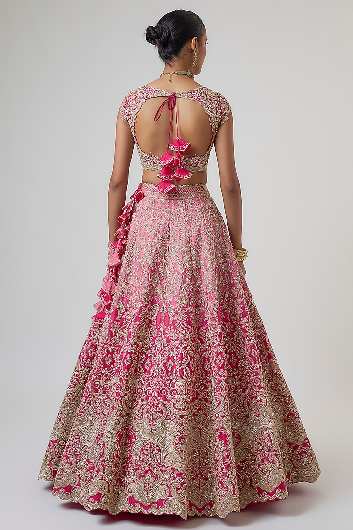 Hot Pink Ombre Organza Hand Embroidered Bridal Lehenga Set by Anushree Reddy at Pernia's Pop Up Shop