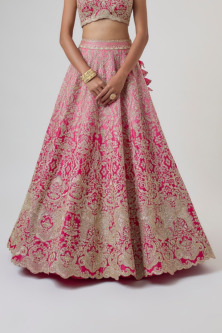 Hot Pink Ombre Organza Hand Embroidered Bridal Lehenga Set by Anushree Reddy at Pernia's Pop Up Shop