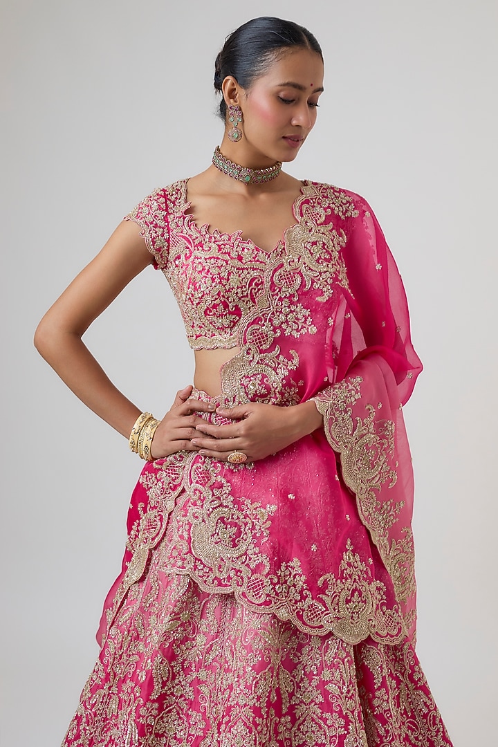 Hot Pink Ombre Organza Hand Embroidered Bridal Lehenga Set by Anushree Reddy at Pernia's Pop Up Shop
