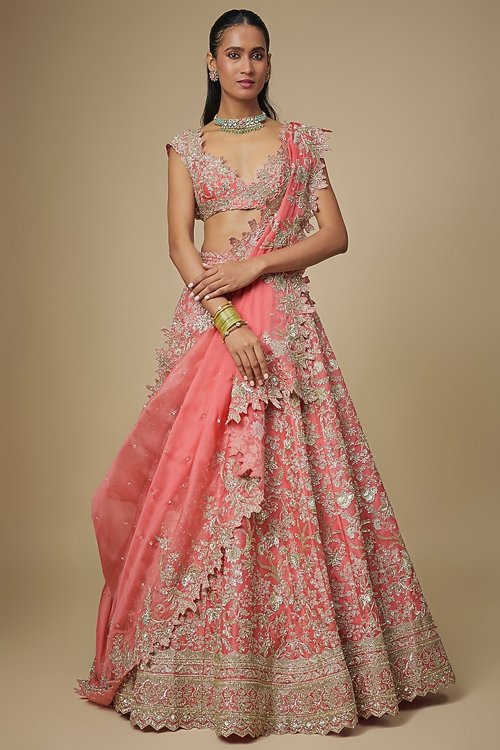 Coral Organza Hand Embroidered Bridal Lehenga Set by Anushree Reddy at Pernia's Pop Up Shop