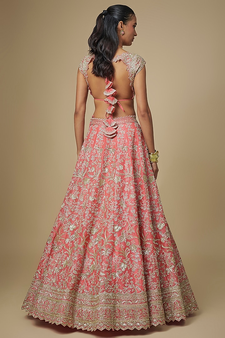 Coral Organza Hand Embroidered Bridal Lehenga Set by Anushree Reddy at Pernia's Pop Up Shop