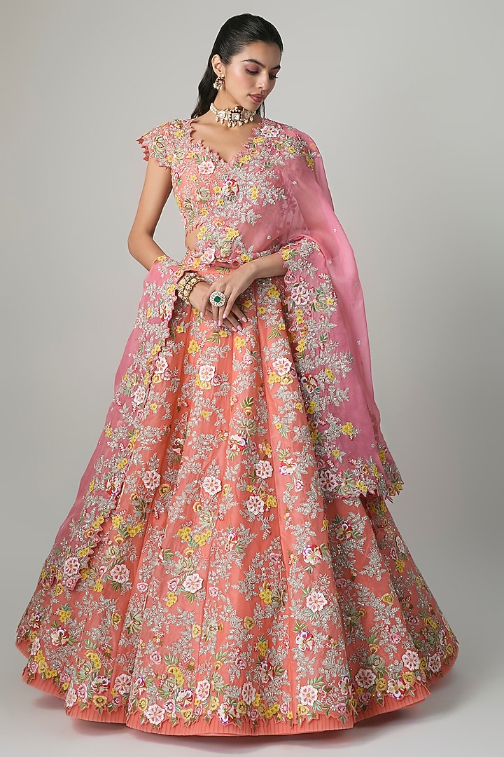 Coral Organza Hand & Machine Embroidered Bridal Lehenga Set by Anushree Reddy at Pernia's Pop Up Shop