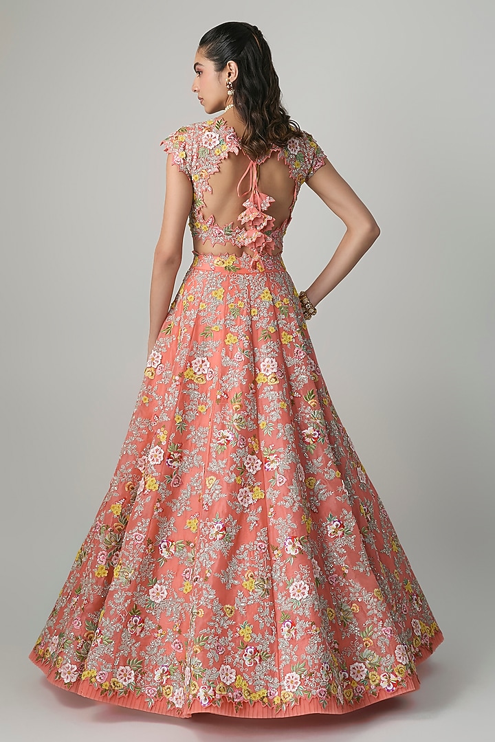 Coral Organza Hand & Machine Embroidered Bridal Lehenga Set by Anushree Reddy at Pernia's Pop Up Shop