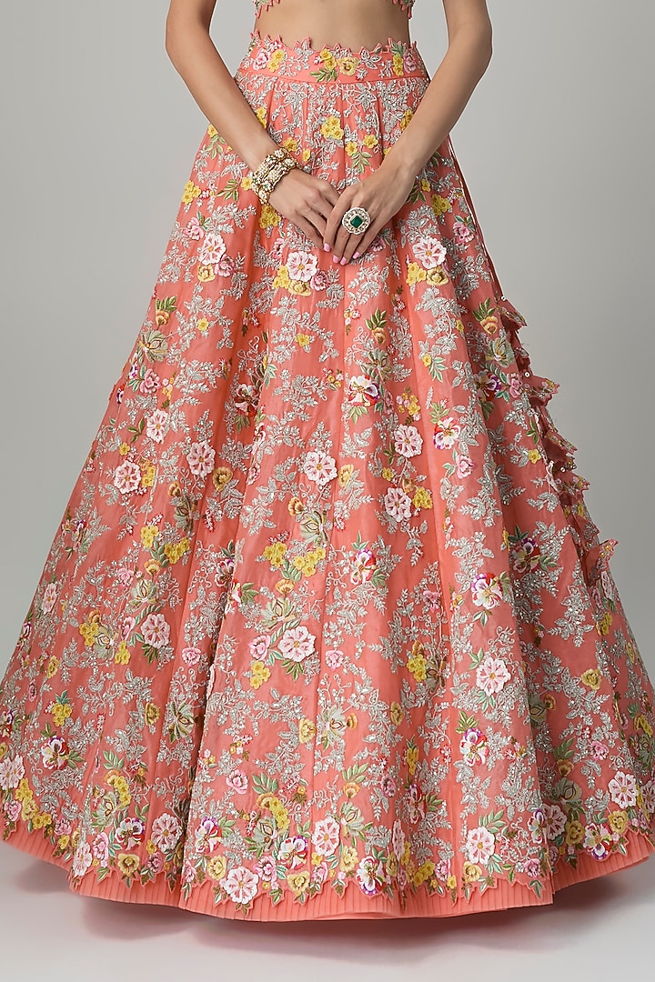 Coral Organza Hand & Machine Embroidered Bridal Lehenga Set by Anushree Reddy at Pernia's Pop Up Shop