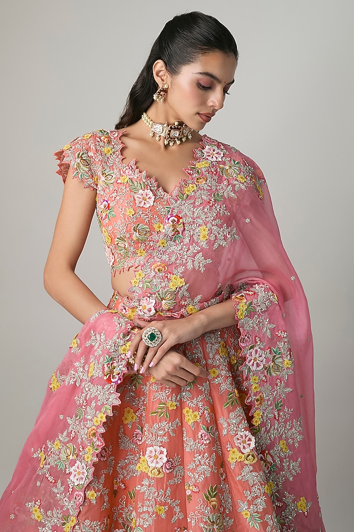 Coral Organza Hand & Machine Embroidered Bridal Lehenga Set by Anushree Reddy at Pernia's Pop Up Shop