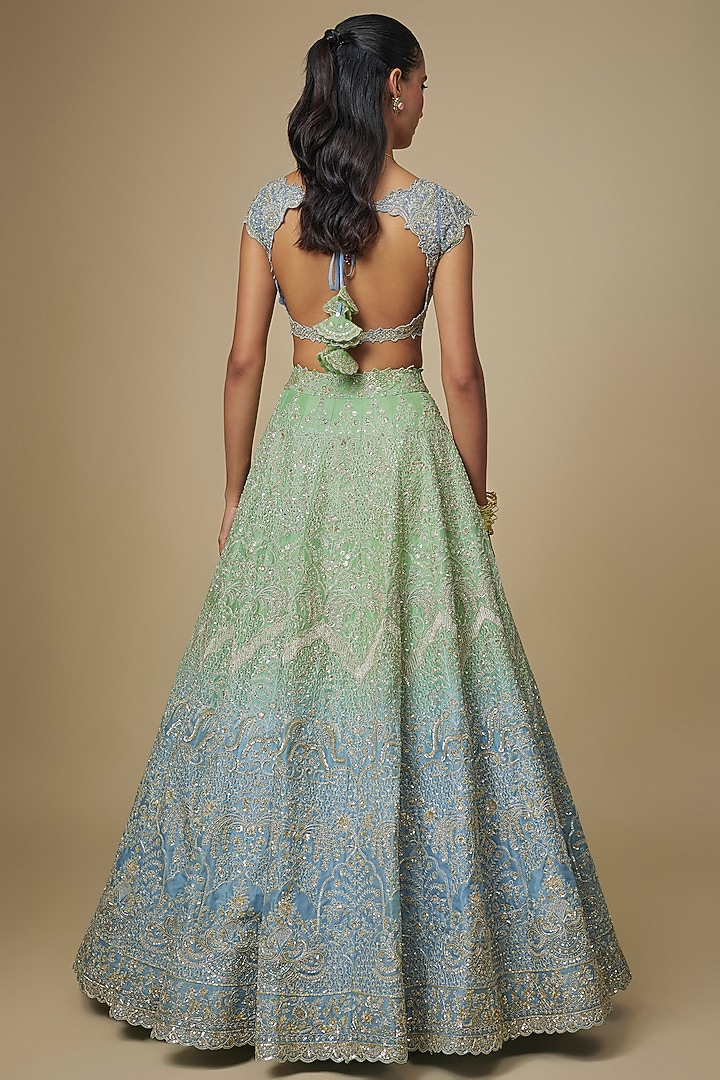 Green-Blue Ombre Organza Hand Embroidered Bridal Lehenga Set by Anushree Reddy at Pernia's Pop Up Shop