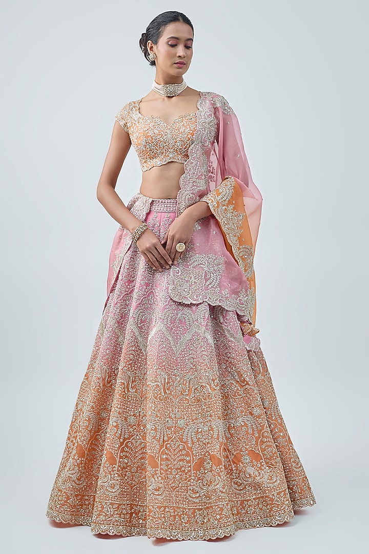 Pink & Orange Ombre Organza Embroidered Bridal Lehenga Set by Anushree Reddy at Pernia's Pop Up Shop