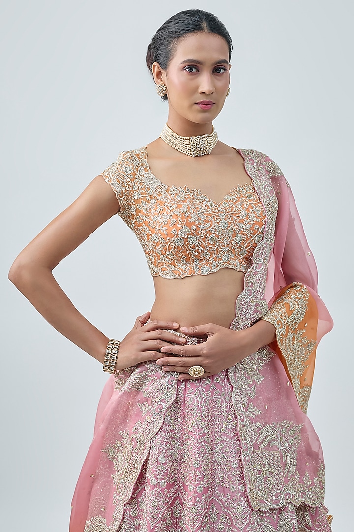 Pink & Orange Ombre Organza Embroidered Bridal Lehenga Set by Anushree Reddy at Pernia's Pop Up Shop