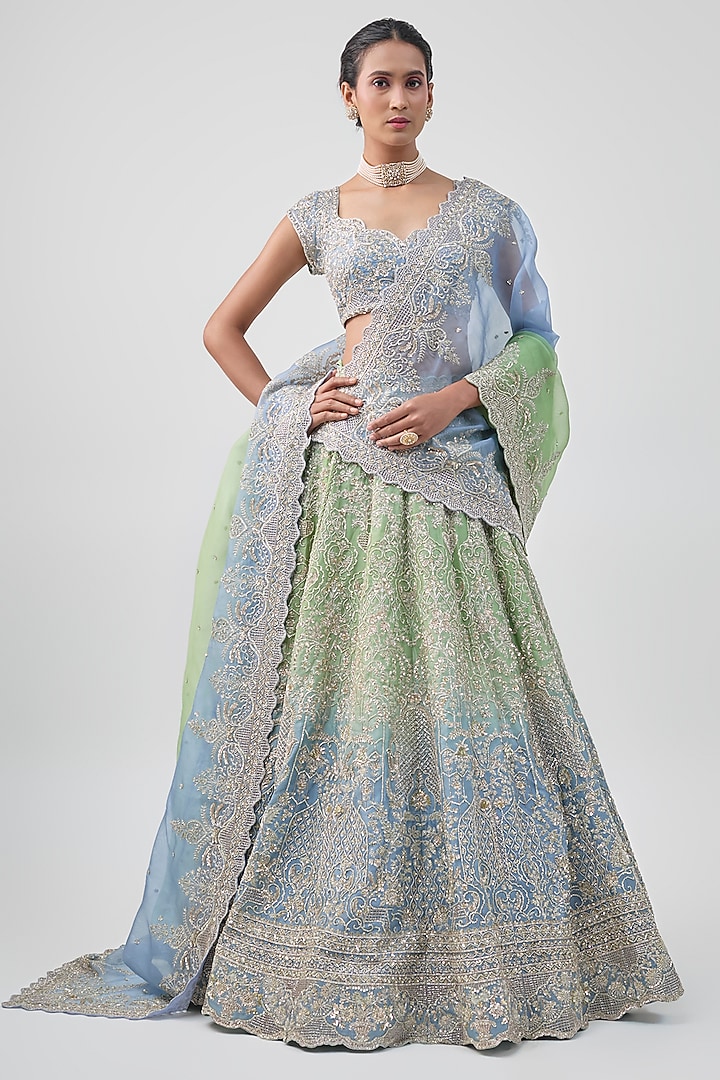 Green & Blue Ombre Organza Embroidered Bridal Lehenga Set by Anushree Reddy at Pernia's Pop Up Shop