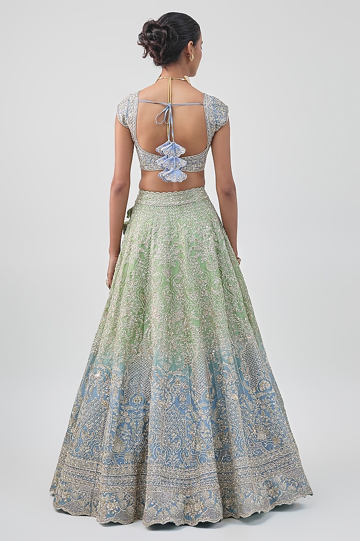 Green & Blue Ombre Organza Embroidered Bridal Lehenga Set by Anushree Reddy at Pernia's Pop Up Shop