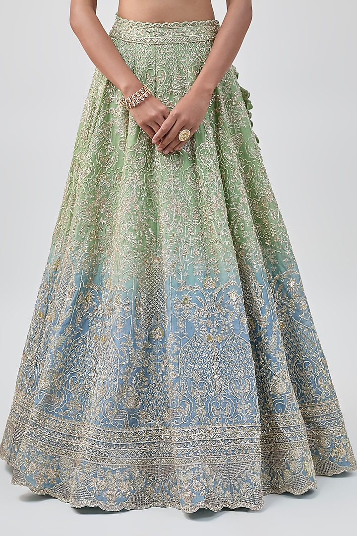 Green & Blue Ombre Organza Embroidered Bridal Lehenga Set by Anushree Reddy at Pernia's Pop Up Shop