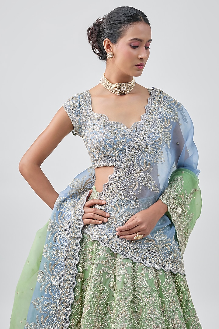 Green & Blue Ombre Organza Embroidered Bridal Lehenga Set by Anushree Reddy at Pernia's Pop Up Shop